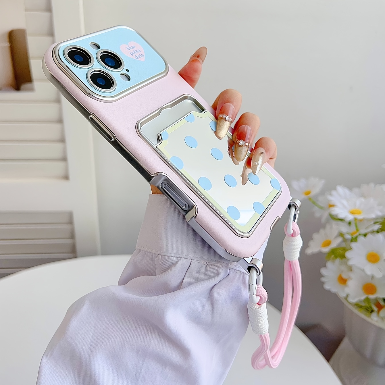 TEMU Phone Case: Powder Blue Polka Dot Phone Case With Lanyard, Card Holder, And Mirror Design, Protective Cover, Full-body Drop Protection With Lens
