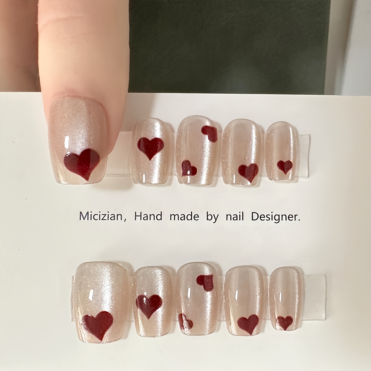 

10pcs Handcrafted Nude Cat Eye Press-on Nails Set With Red - Short Square False Nails For Women & Girls, & Parties