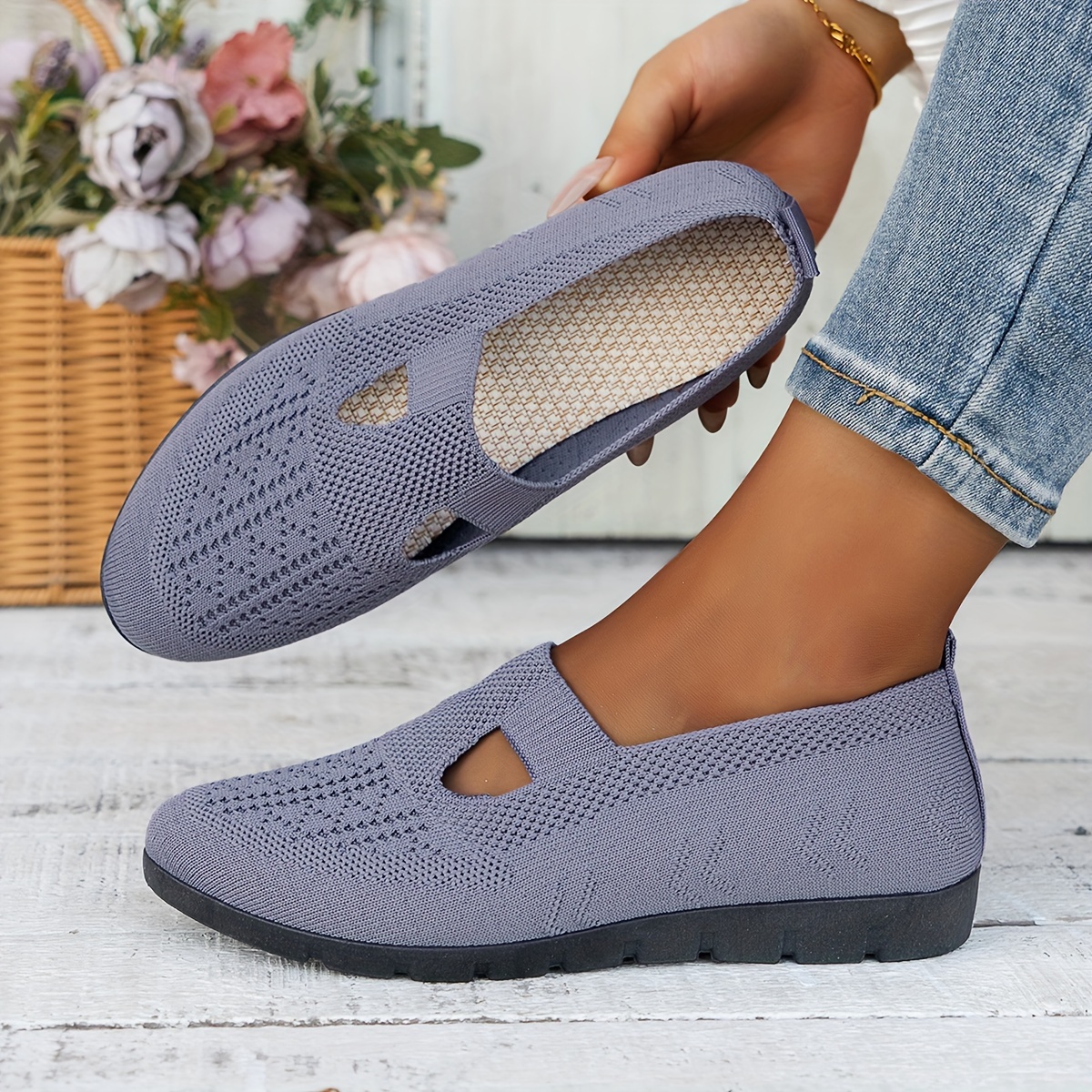 womens breathable slip on flat shoes suitable for wear low cut round toe comfortable mom sneakers with cushioned sole soft fabric sole for casual   use breathable suitable for day wear women shoes