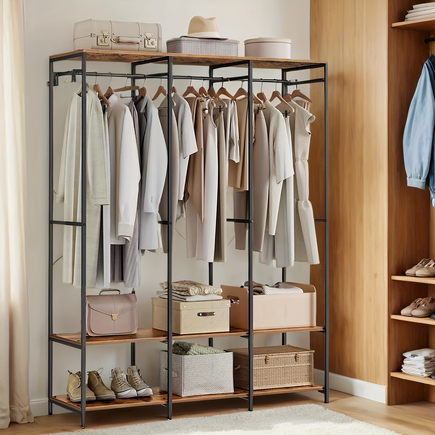 E-shop Kleiderschrank mit Kleiderstange, Garderobenständer, Regalen, abnehmbaren Haken, Größe 40 x 141 x 180 cm, in Beige, tragbare Kleiderschränke