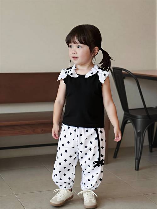 item picture summer girls short tank top set with black and white polka dots and bow decoration perfect for outdoor