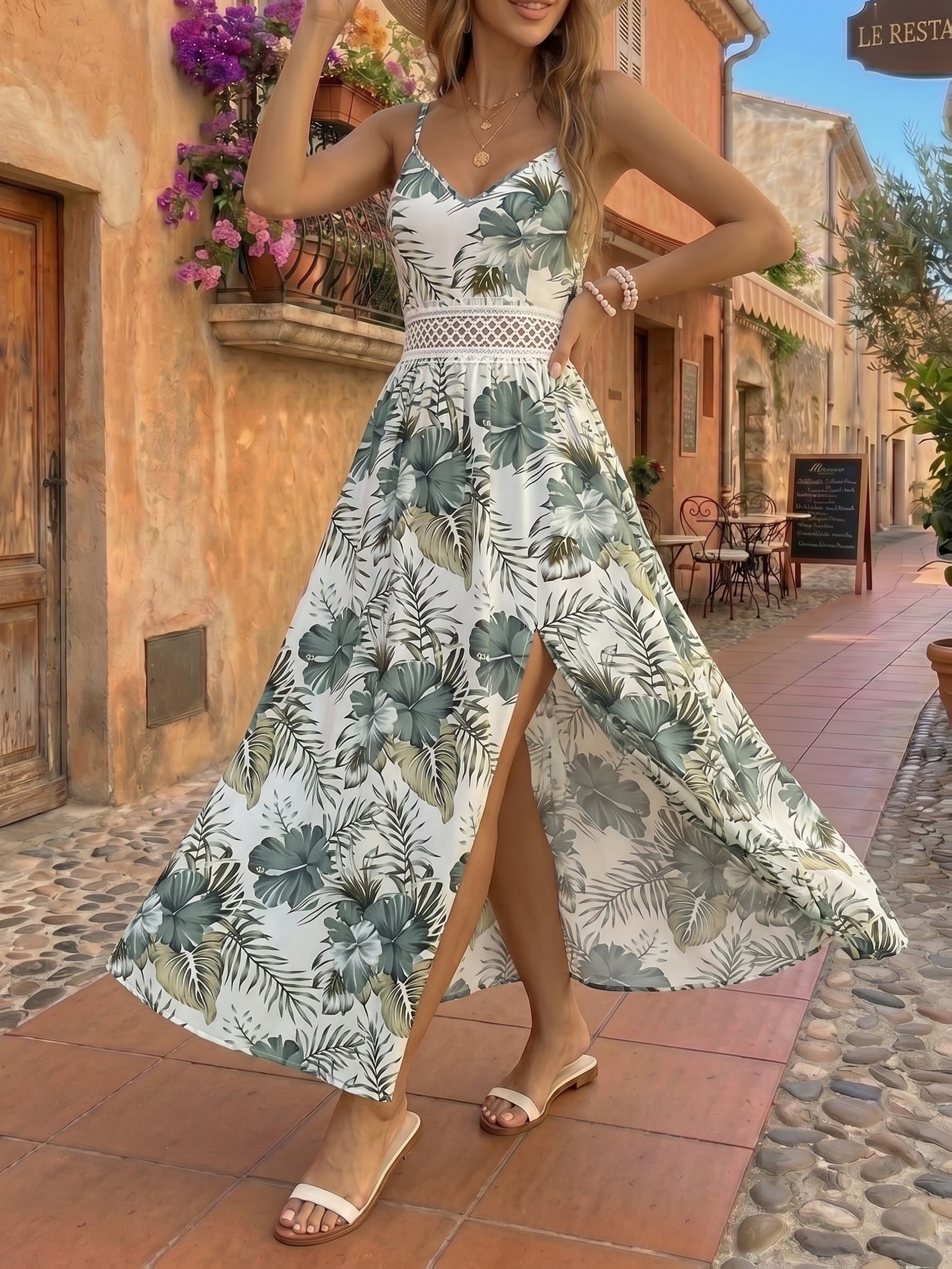 green dress white flowers Vasiliki Maxi Dress White / Green Floral