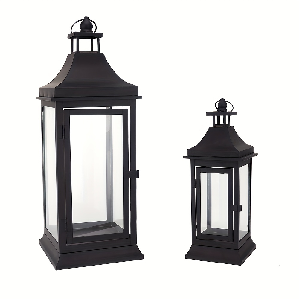 Set Of 2 Outdoor Candle Lanterns 50cm & 33cm Tall Vintage Hanging Tower Lantern Metal Candle Holder For Room Indoor Outdoor Parties Weddings Balcony (black)