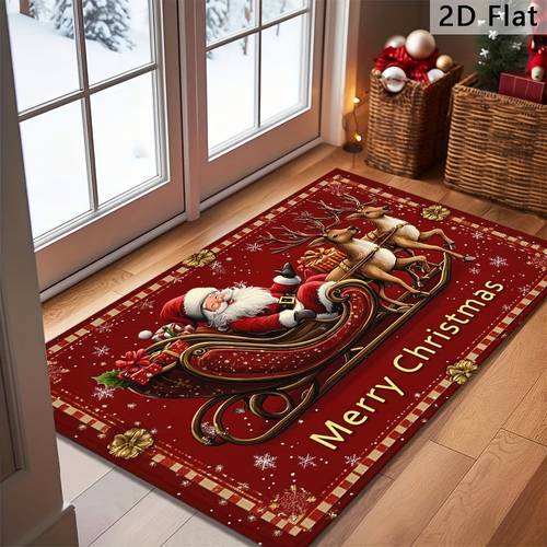 1pc of a christmas themed doormat featuring santa claus a reindeer wreath and a festive design this non slip machine washable mat enhances the decor and a great gift for the
