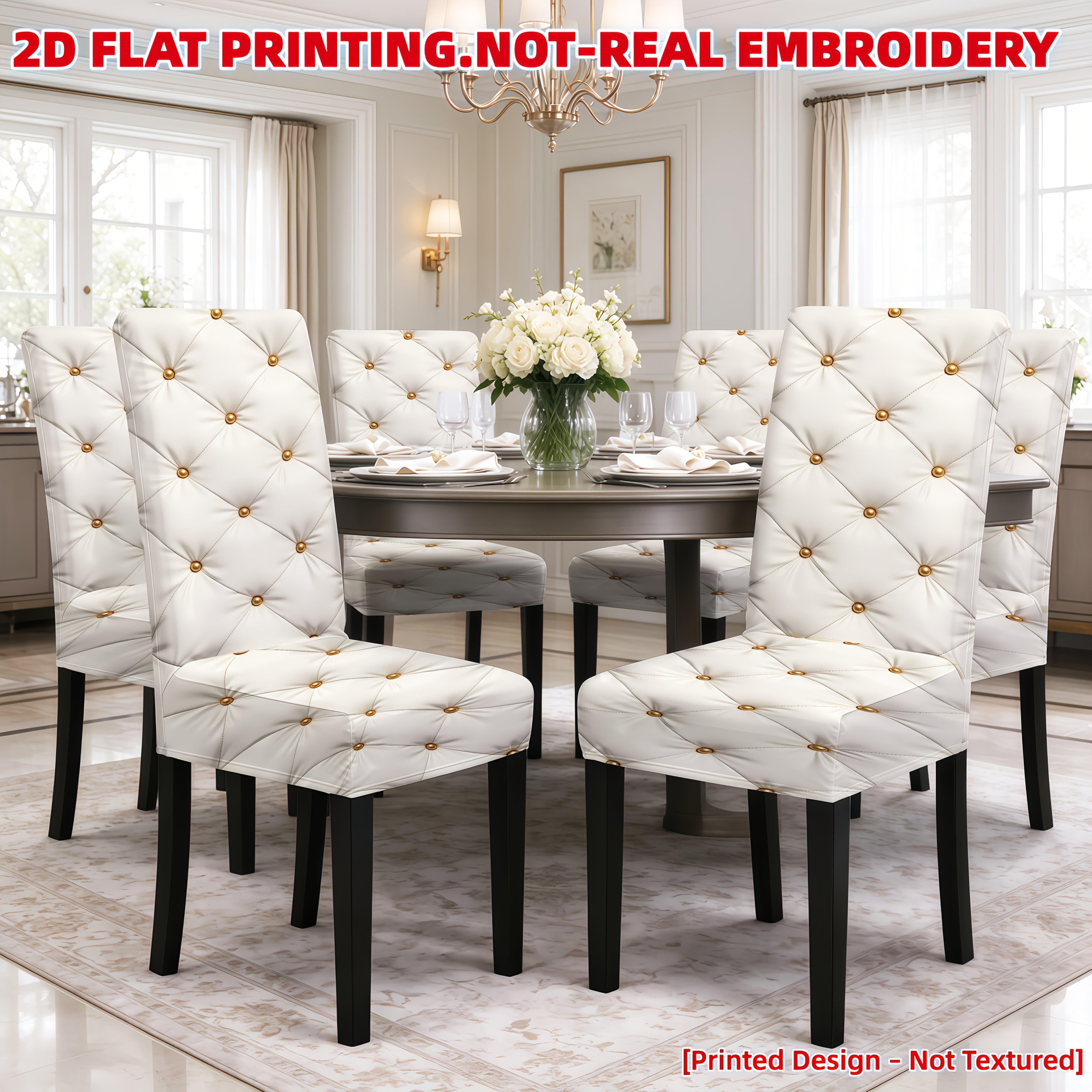 TEMU 2d Flat Printing [printed Design - Not Textured] 4pcs/6pcs Elastic Chair Covers Full Seat Covers Cream-colored Diamond Floral Pattern Suitable