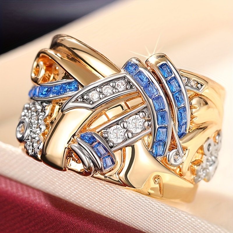 Image of Luxury Middle Eastern Style Golden Wide Rings Exquisite Inlay Blue Synthetic Zirconia Flower Rings For Women Men Daily Party Vacation Rings Vintage Jewelry