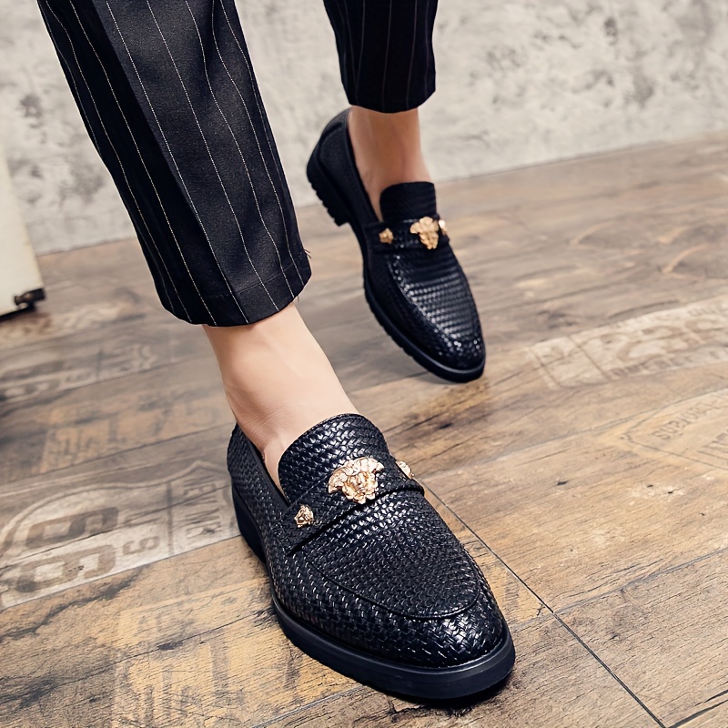 mens classic slip on loafers with decorative universal fit solid color low top oxfords with pu upper inner insole stylish business casual derby shoes details 1