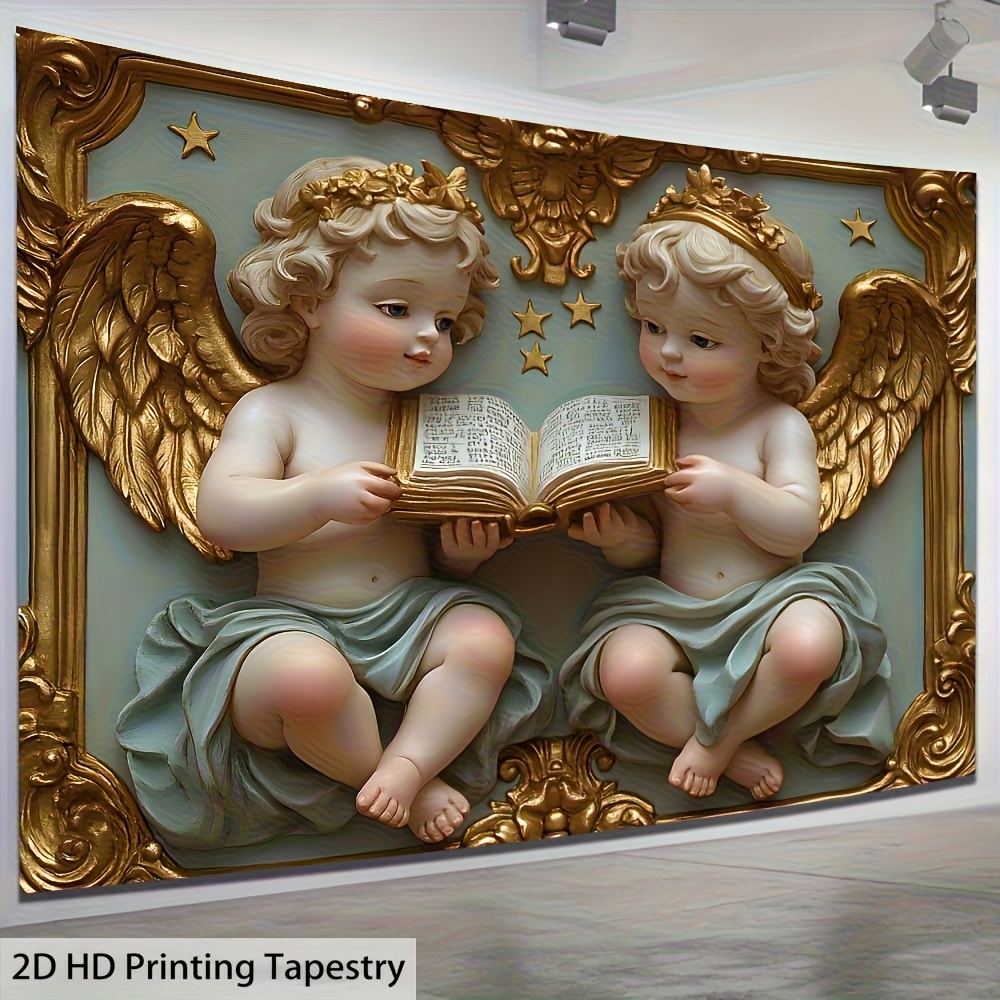 Elegant Angel Statue Tapestry With Serene Cherubic Reading Figures_voghion.com