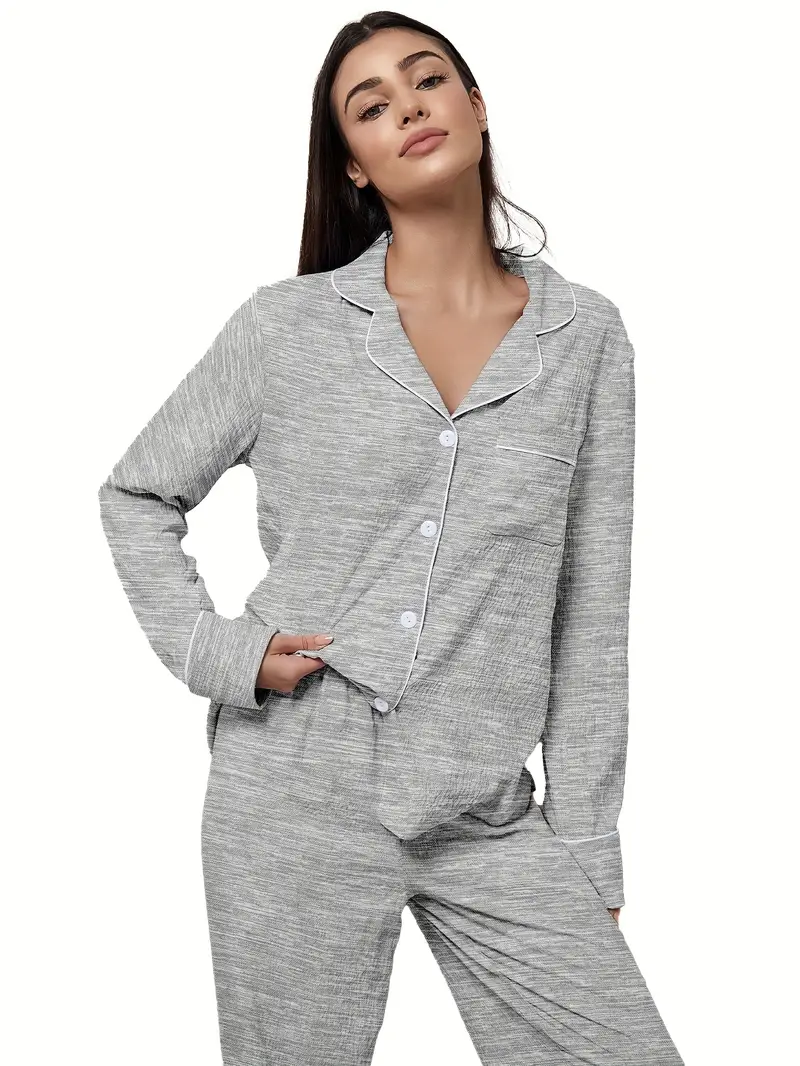 3 sets of 6pcs womens casual polyester solid color long sleeved top long pants sleepwear set fabric long sleeved lapel top with loose pants wear outside Product details 1