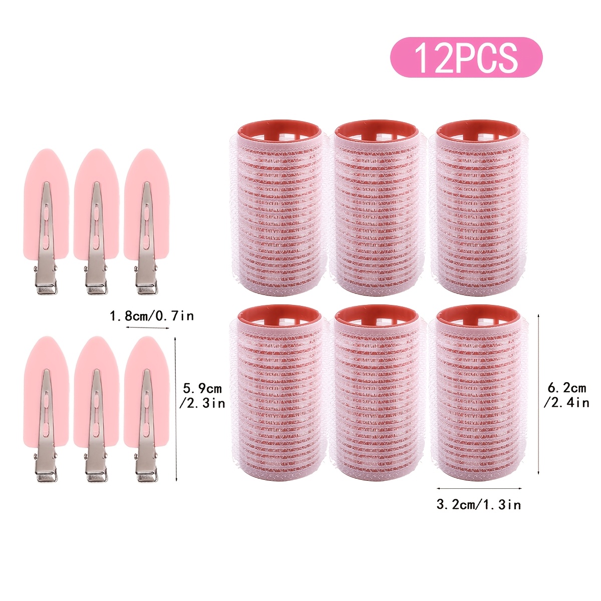 TEMU 12pcs No-heat Self-adhesive Hook And Loop Curling Rod Set, Includes 6 Large Volumizing Curlers And 6 Pink Duckbill Leaf Hair Clips. No Heat