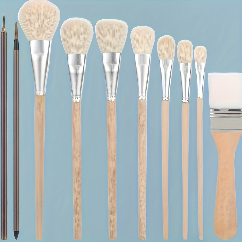 Image of 10pcs And Pottery Brush Set - Goat Hair Blend, Multi-shape Paintbrushes With Wooden Handles For Watercolor, Acrylics & Crafts
