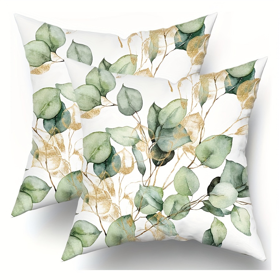 

2-pack Eucalyptus Leaf Pillow Covers, Watercolor Green With , Contemporary Style, Zippered Polyester Throw Pillow Cases For Bed, Couch, Sofa, Machine Washable, Multiple Sizes