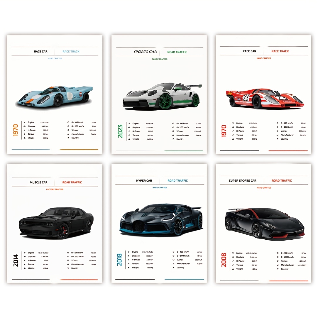 TEMU 6pcs Super Sports Car Wall Art Set - , 8x10