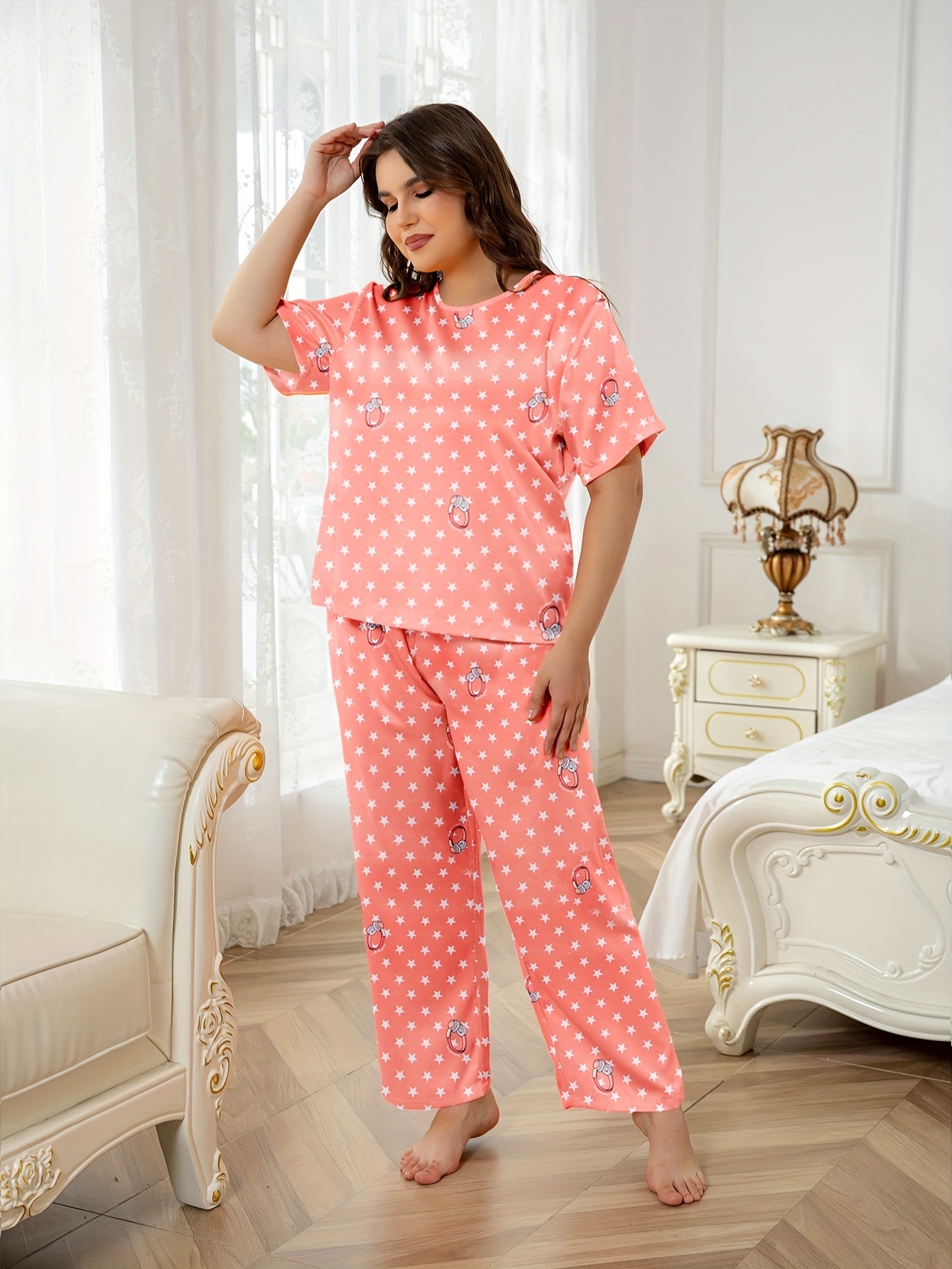 Plus Size Casual Pajama Set Women's Plus Star Ring Print - Temu