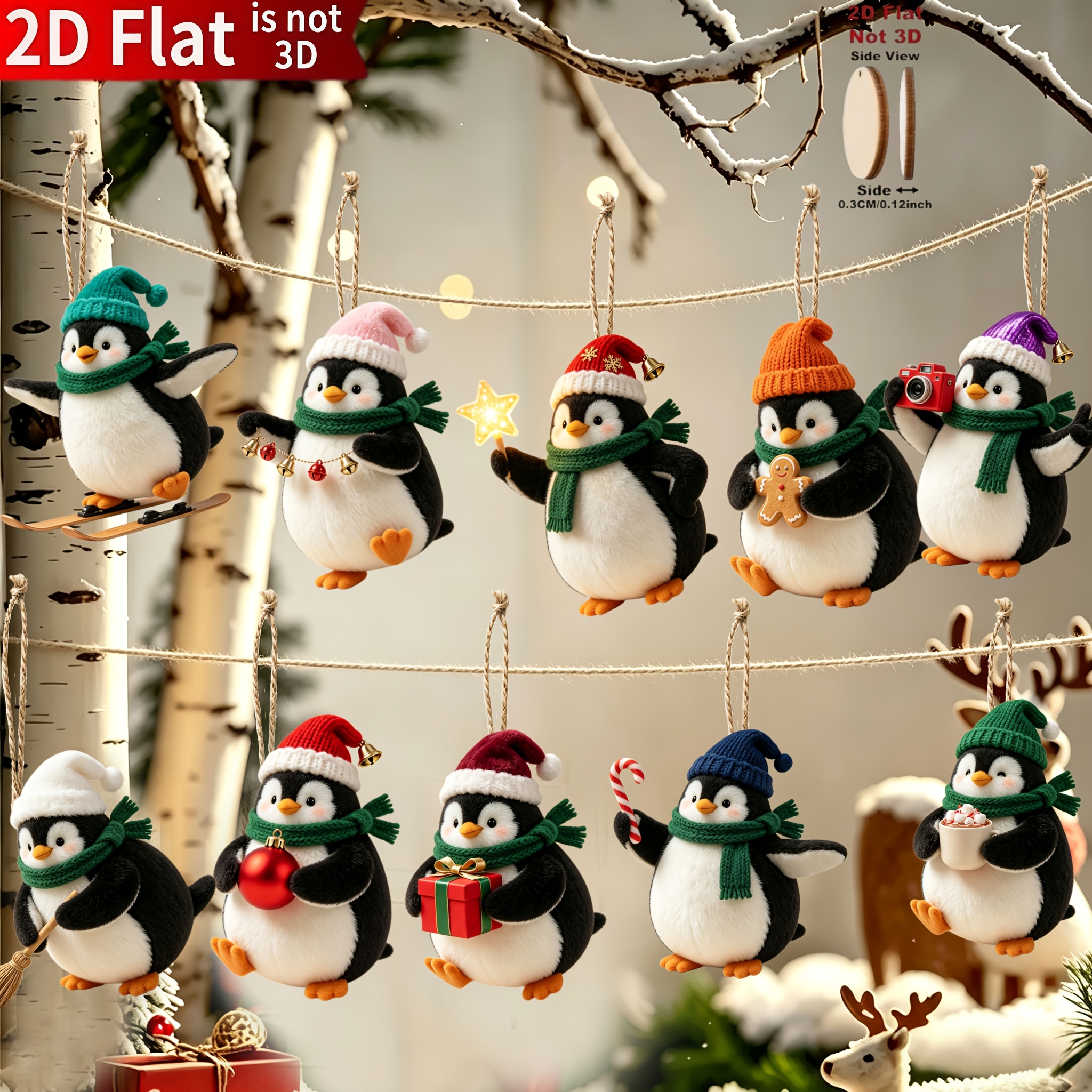 TEMU 2d Flat, 10pcs Cute Penguins For Christmas, Cute Penguin Christmas Tree Decoration, Wall Mounted Holiday Decoration, Thanksgiving, Christmas