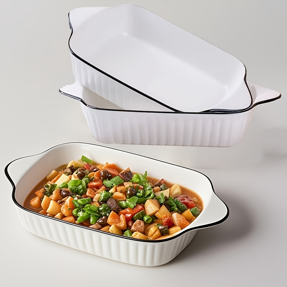 Image of 3pcs Ceramic Baking Tray With Double Handles, Vertical Pattern, Household Ceramic Rectangular Salad Bowl, Kitchenware, Suitable For Home Kitchen And Restaurant Party Use
