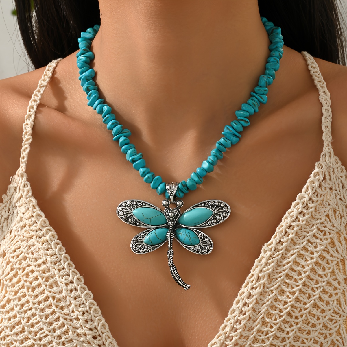 TEMU New Women's Alloy Dragonfly Malachite Necklace Bohemian Style Handmade Neck Chain