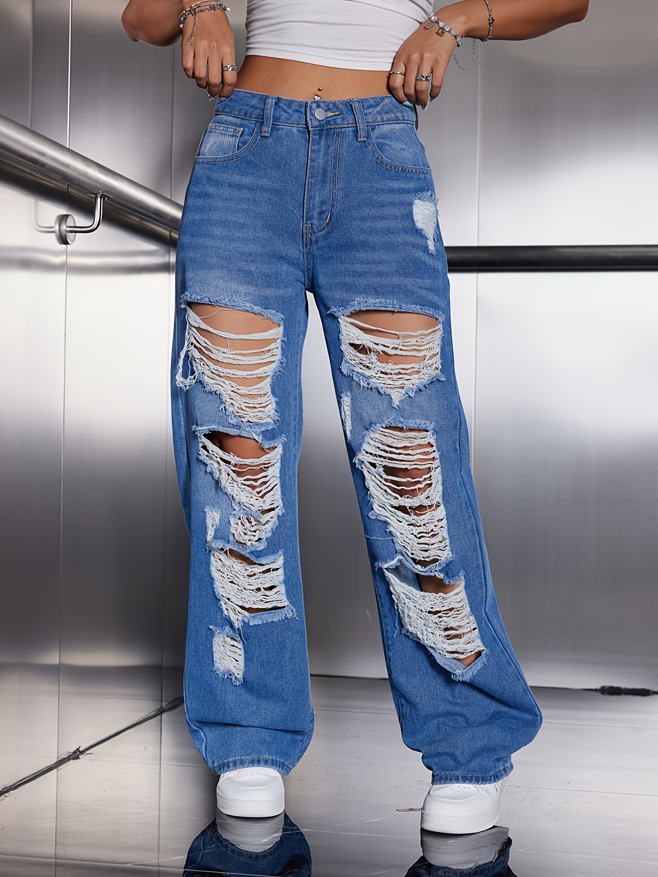 Blue Cross Print Baggy Jeans Loose Fit Ripped Holes Wide - Temu