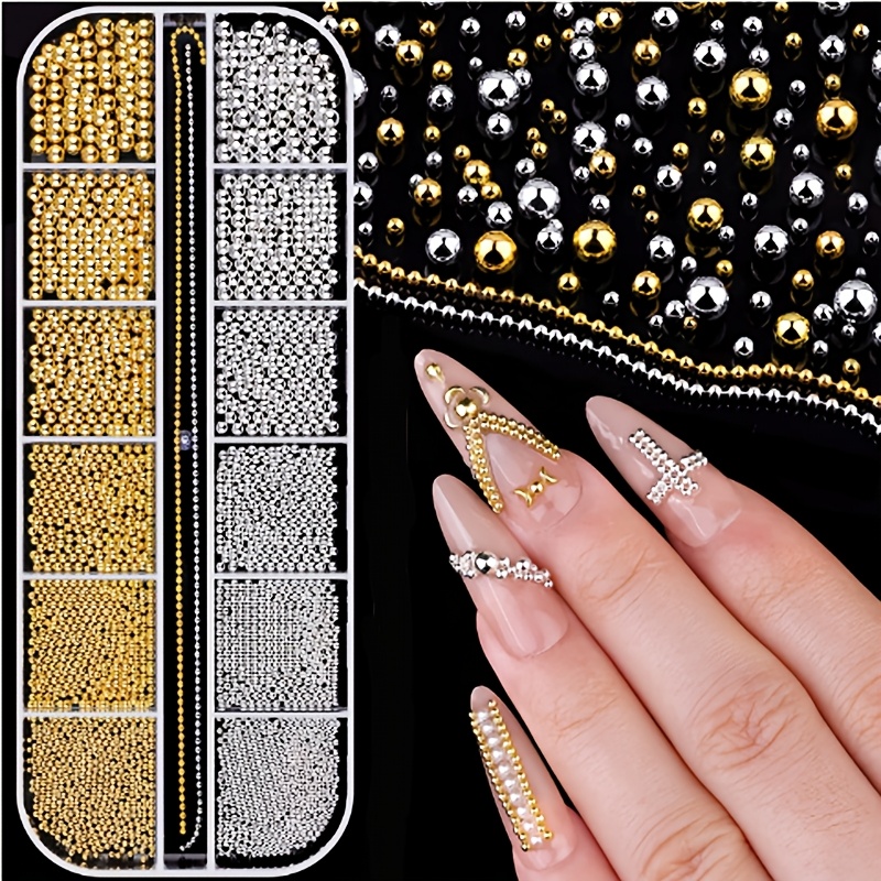 12 compartment box of round nail beads chains mixed size suitable for diy nail art decorations multicolor suitable for manicure pedicure nail for hands feet nails
