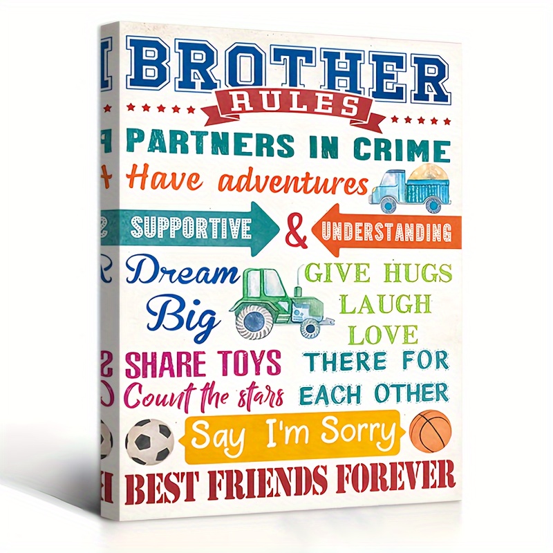 

Brother's Rules" Inspirational Canvas Wall Art - Wooden Framed Playroom Decor With Truck, Basketball & For Boys Room - 11.8x15.7 Inches