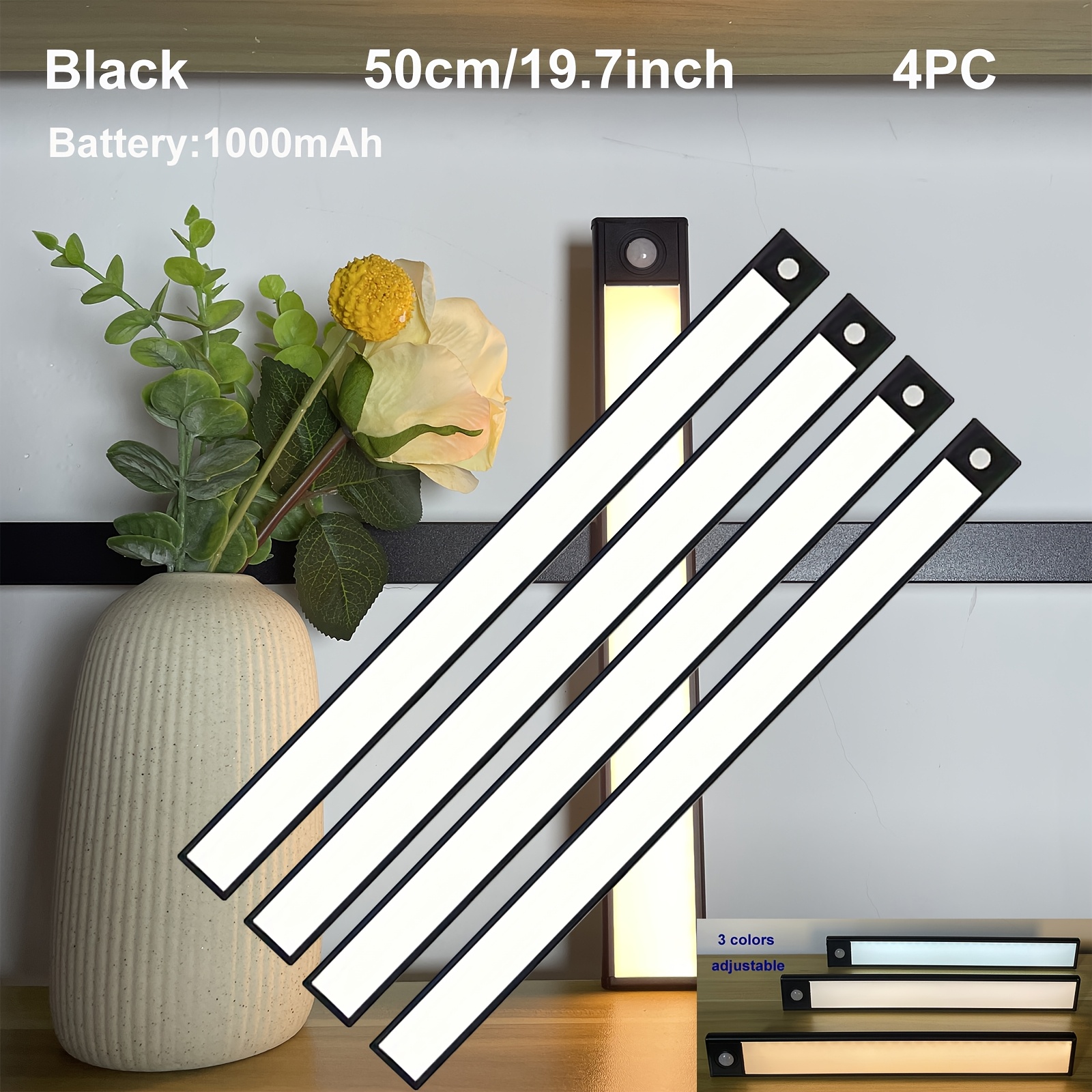 E-shop 4 Stk. Aiwellkay Home blendfreie Schrankleuchten aus Aluminiumlegierung für den Innenbereich mit Bewegungssensoren, 3 Farbtemperaturen