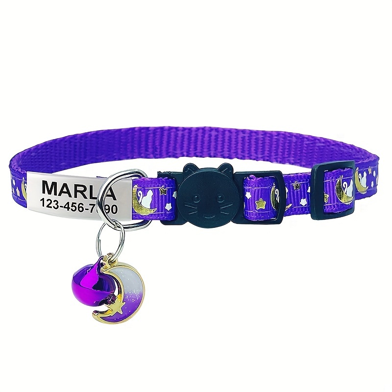 TEMU Custom Engraved -the-dark Cat Collar With Safety Buckle And Bell, Personalized Id Tag With , Phone Number, And Address, Breathable Adjustable Pp