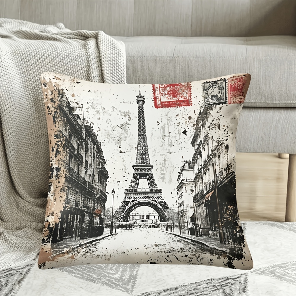 

1pc Vintage Paris Throw Pillow Cover, 18x18 Inch, Machine Washable, Zippered Polyester Decorative Cushion Case For Home And Office Decor