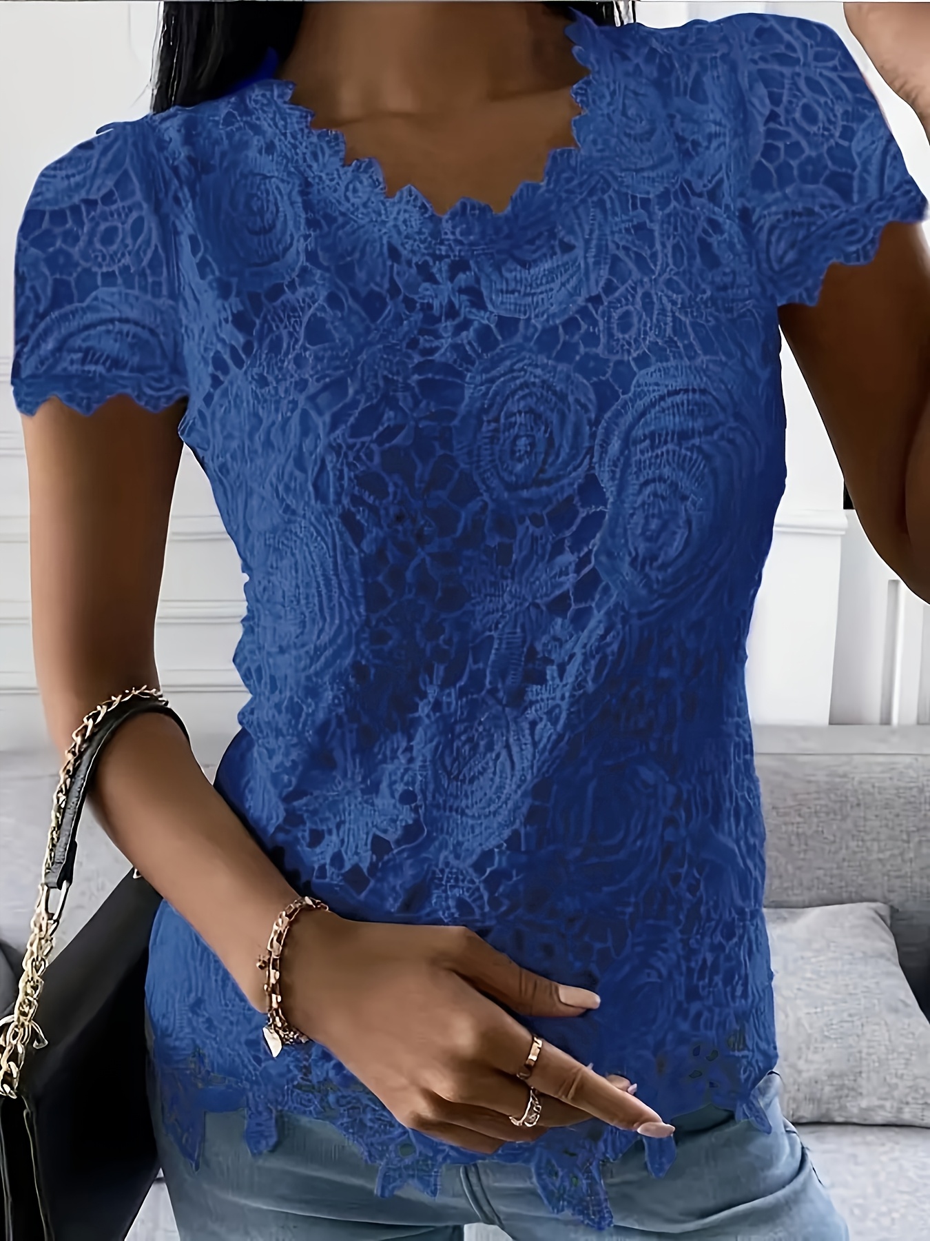 blusa casual encaje mujer top manga corta cuello Temu El Salvador