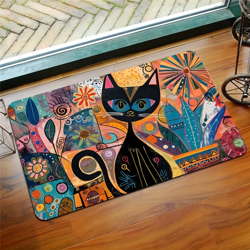 

Tapis de bienvenue décoratif en forme de chat avec art abstrait - Dos en PVC antidérapant, polyester, tapis rectangulaire intérieur pour salle de bain, cuisine, salon, chambre à coucher