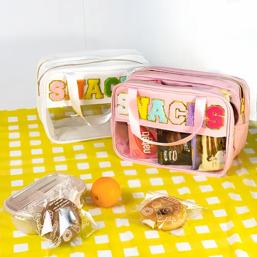 colorful snacks letter transparent handbag with clear window and matching 2 food clips set pink multifunctional tote for outdoor food storage camping picnic snack organizing and daily use