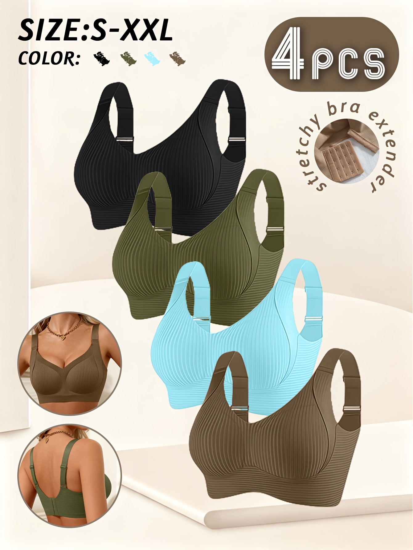 Women's 4pc Wire-Free Bralette Set, Full-Coverage Push-Up