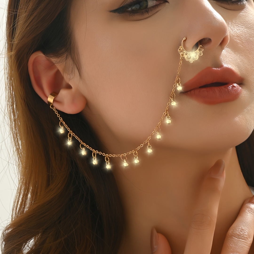 Image of 1pc Women's Ramadan Fashion Bead Chain Stud Earrings Seamless Nose Ring Suitable For Daily Festive Wear