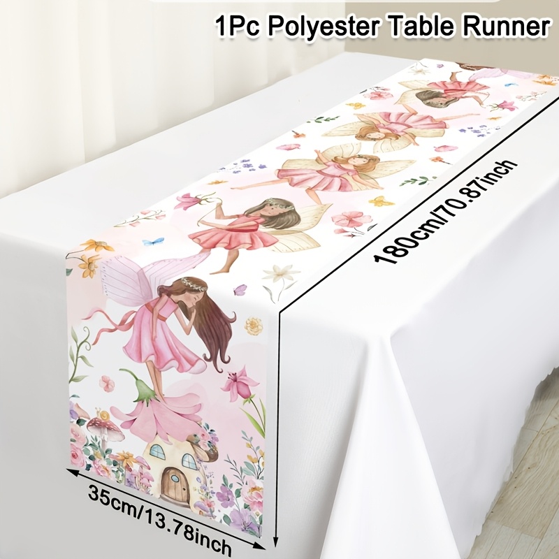 1pc Pink Floral Fairy Tablecloth 180x35cm - Party Table Cover With Fairy & Elf Theme Decorations Suitable For Showers, 1 Birthday, Spring Summer Kitchen Dining Table - Machine-made - Table Decor