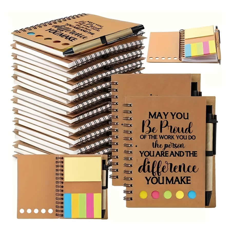 TEMU 10pcs Multi-item Party Favor Packs Inspirational Spiral Notebooks And Bamboo-style Pens With Motivational Phrases - Brown And Colored Labels,