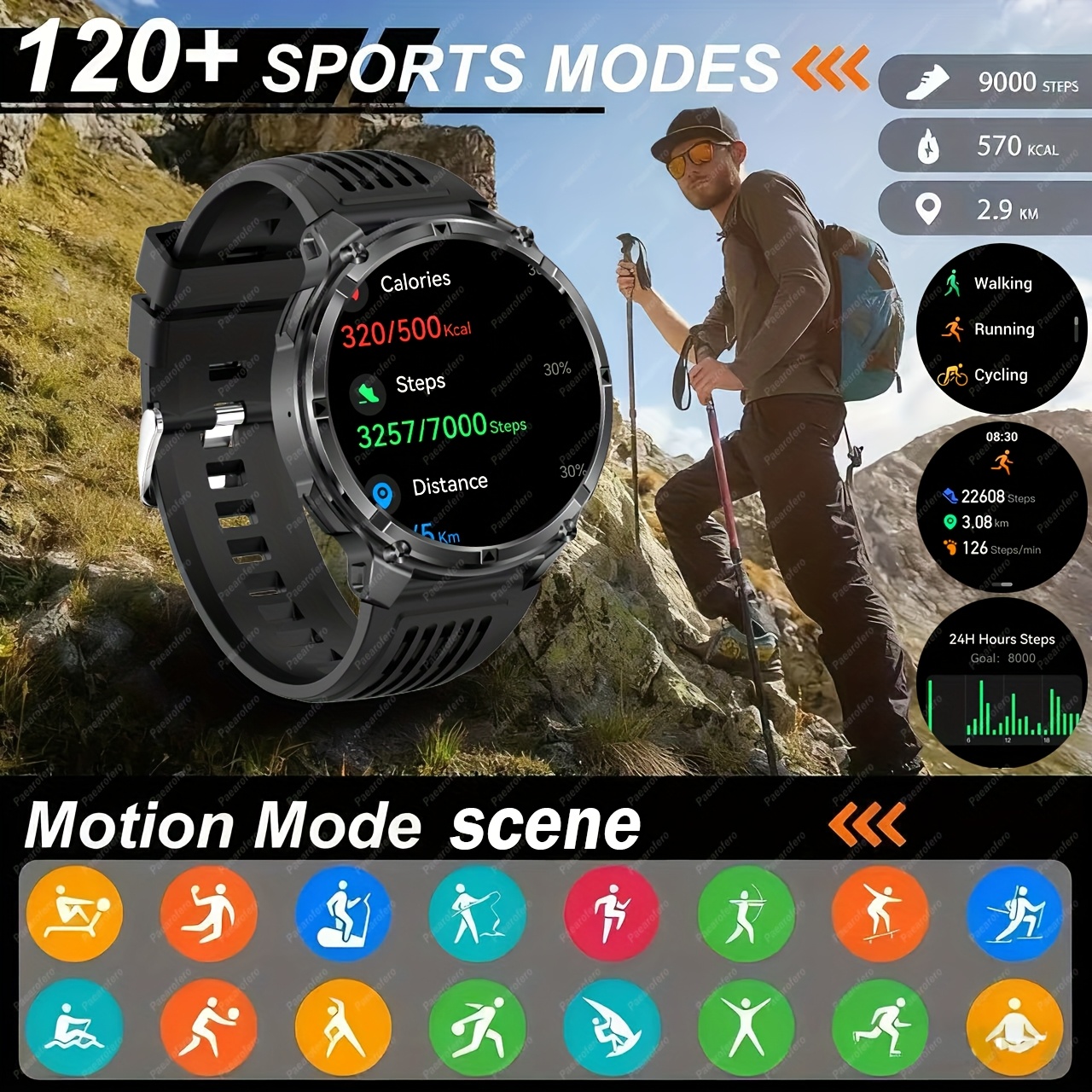 La nouvelle montre connectée 2025 avec batterie grande capacité 1100mAh, appels sans fil, notifications de messages, navigation par boussole et divers petits outils comme secondeur, réveil, lampe torche, météo, calculatrice, minuterie, podomètre calorique, 120+ modes sportifs et 100+ fonds d'écran.