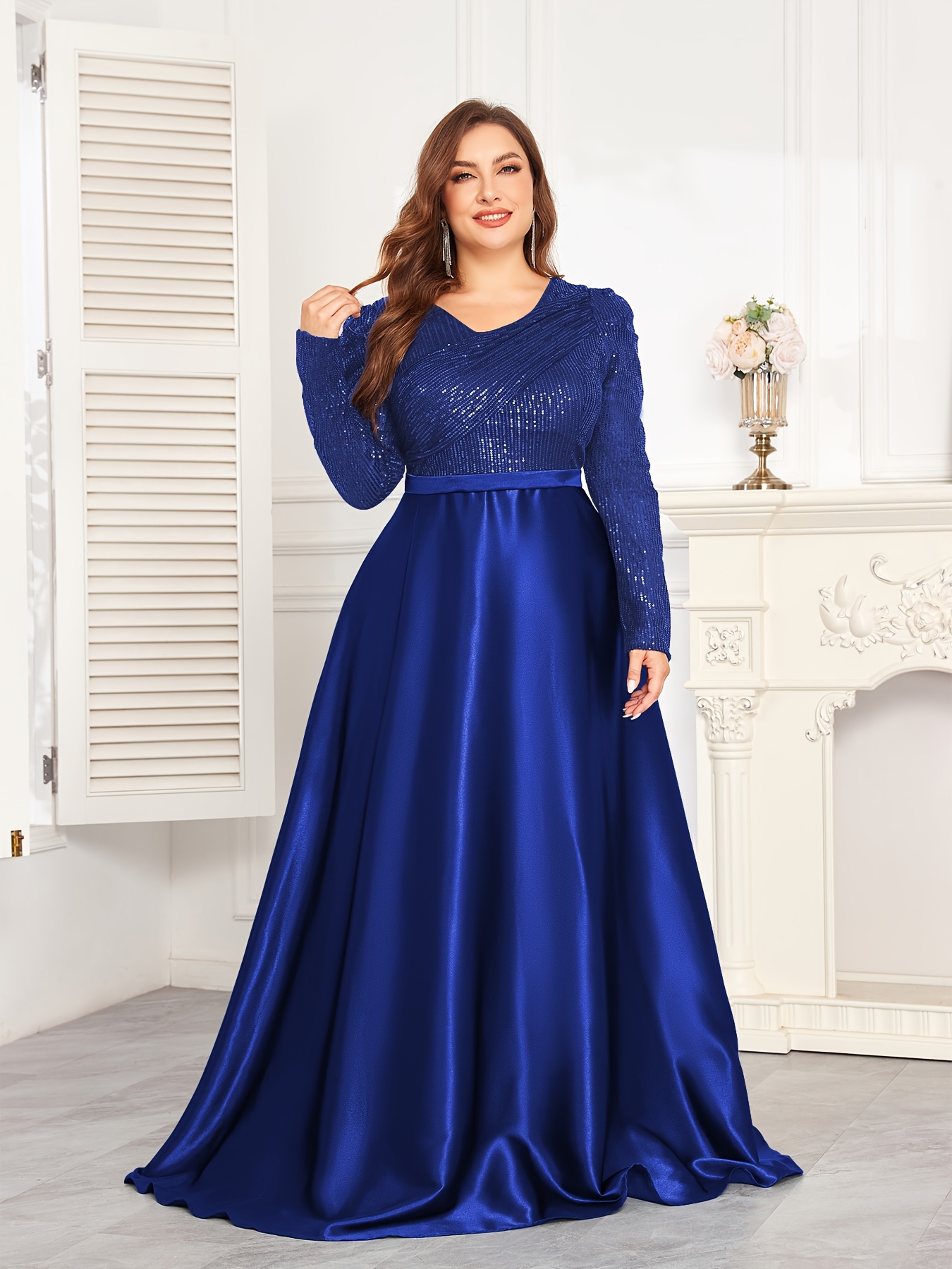 temu bridesmaid dresses Plus Size, New Plus Size Gown, Sequined Long Sleeve V-Neck Waist-Cinching Satin Full Skirt Wedding Evening Dress Size:US 5 / EU 36 product_family:BEBE2015 The vibrant wedding of