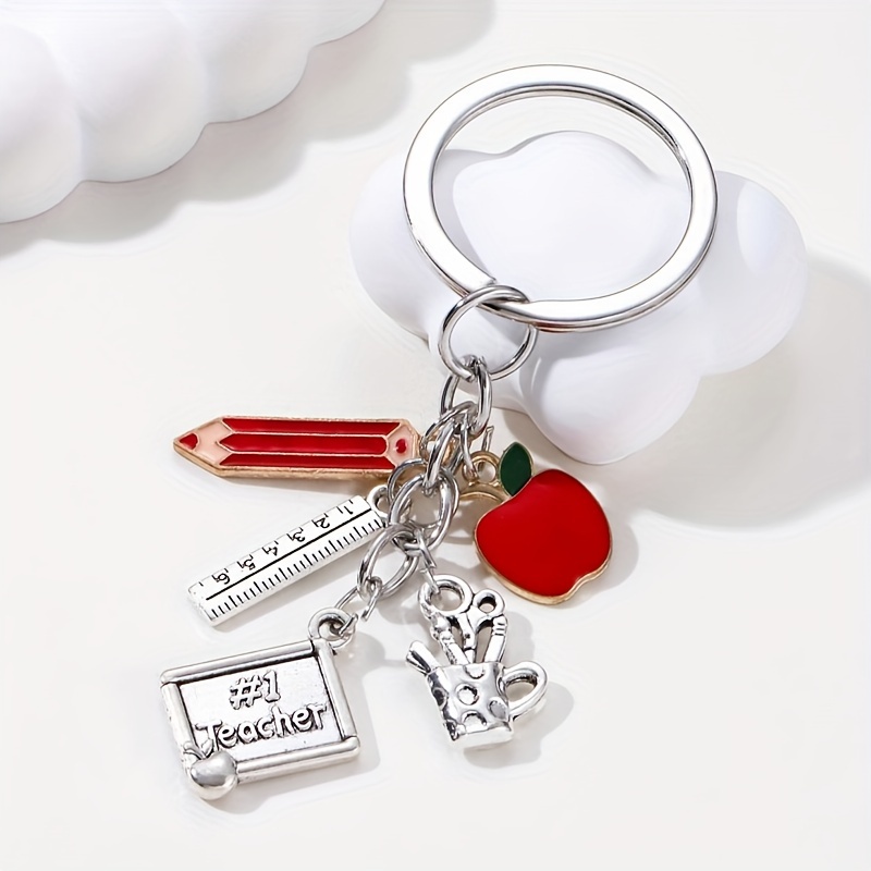 

Teacher Appreciation Keychain, Classic Style With Red Pencil, Palette, Ruler, And Pen Holder Charms, Fashionable Thank You Accessory For Educators