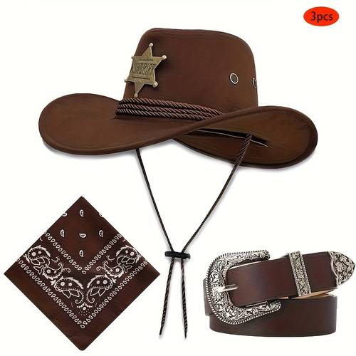 3pcs outdoor leisure hat set for men emblem hat with square scarf and belt ideal for when going out