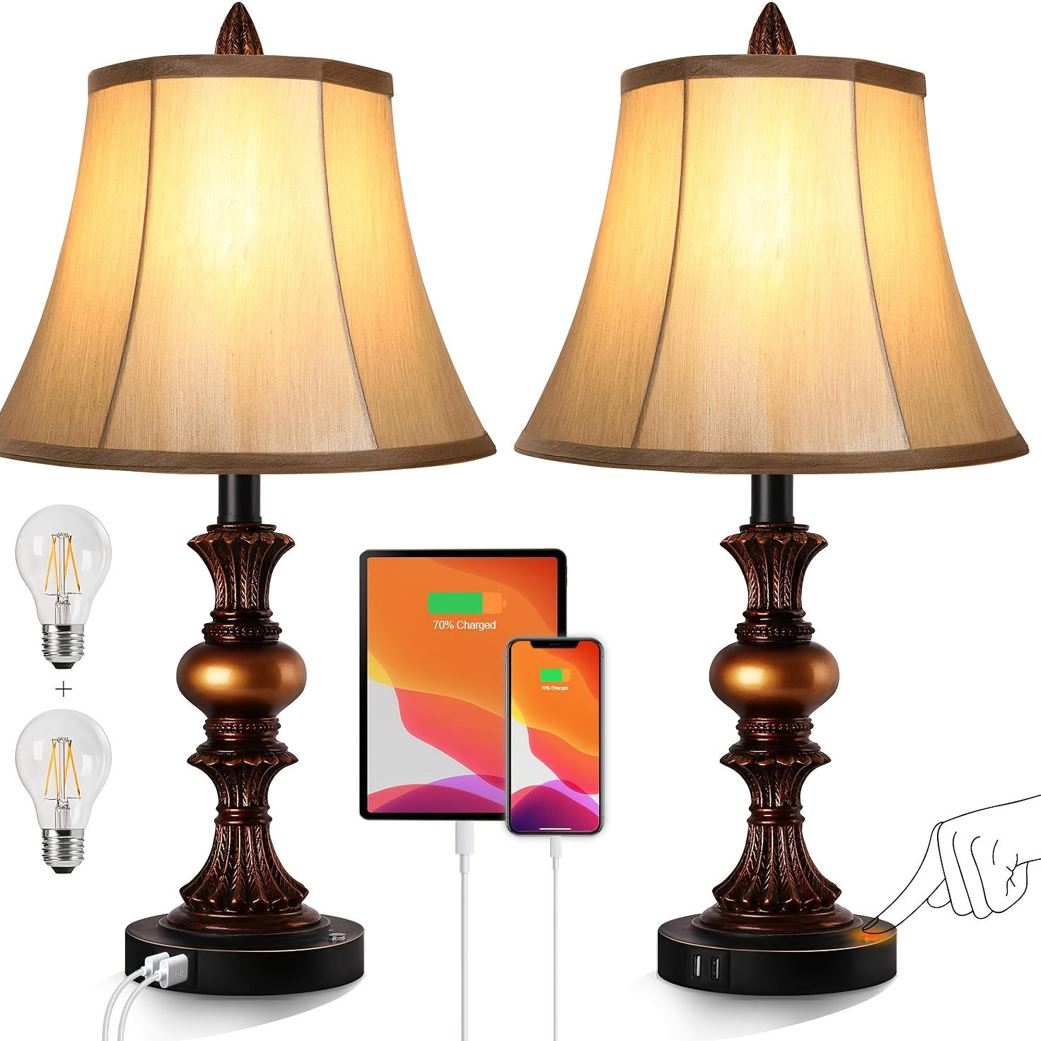 TEMU Ensemble de 2 Lampes de Table Traditionnelles, Lampadaires de Chevet Vintage avec Ampoules LED à 3 Températures de Couleur, Lampes de Bureau