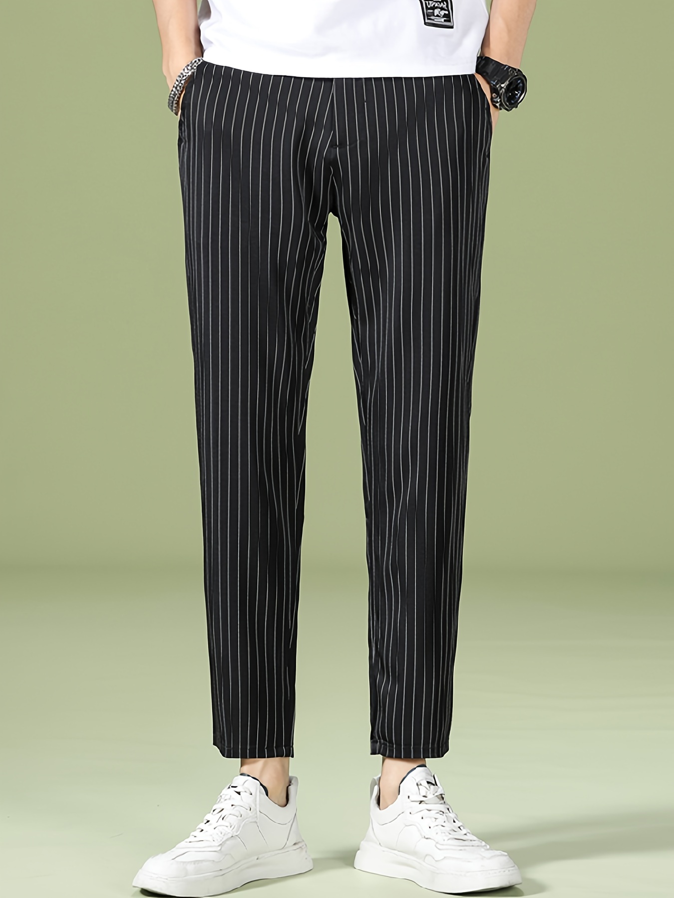 Casual Striped Men's Straight Slim Fit Cropped Trousers - Temu