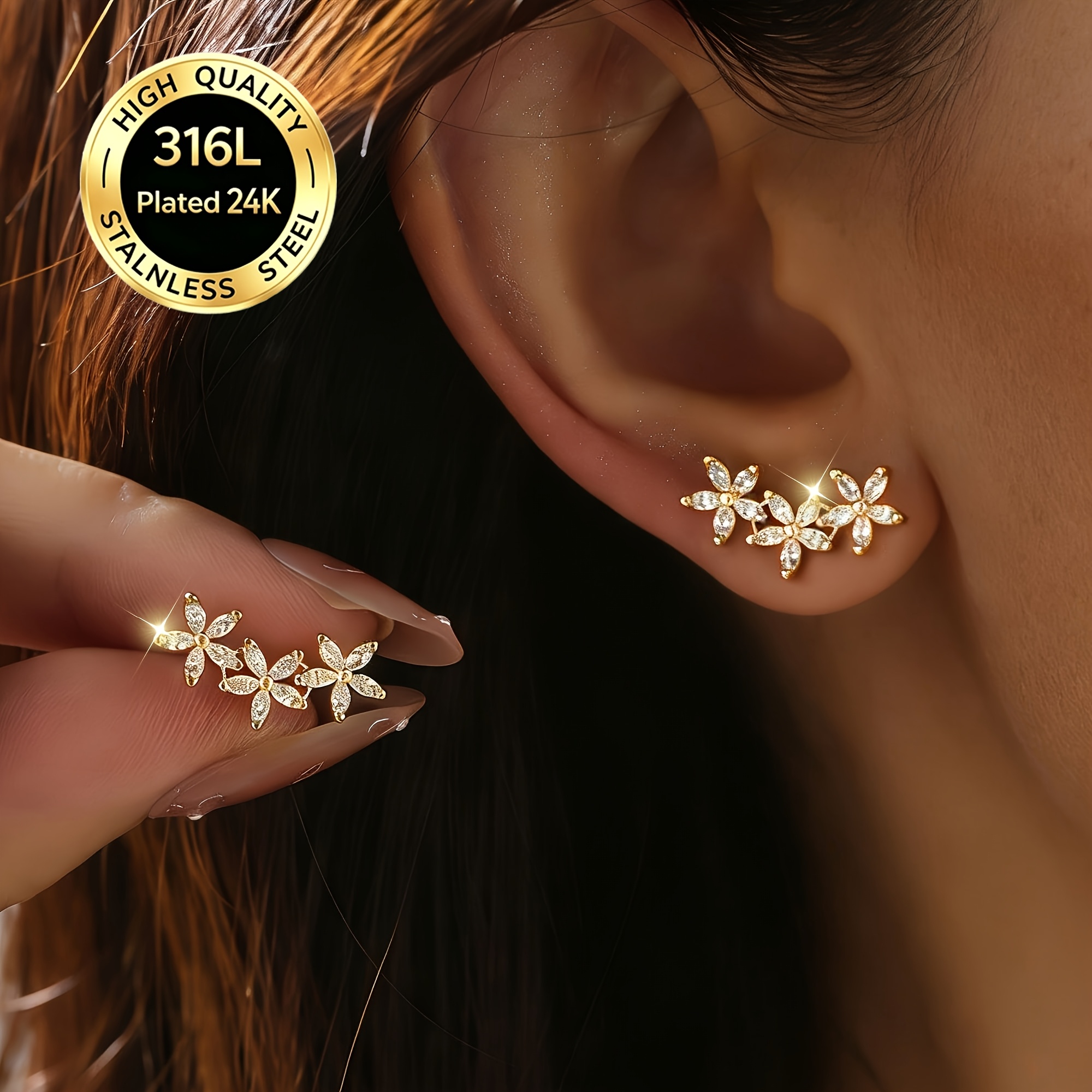 TEMU 1 Pair 316l Stainless Steel 24k Golden Plated Elegant Sparkling Floral Copper Earrings, -petal , Suitable For Women' Casual And Vacation Wear