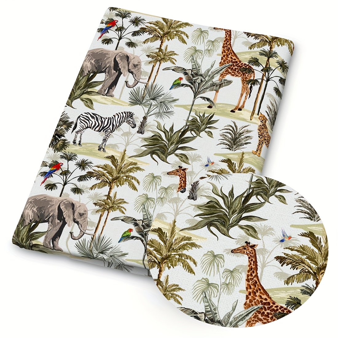 TEMU 1pc Tropical Animal Fabric, Width /150 Cm, Polyester Pre-cut Quilting Craft Material, Printed With Zebra, Giraffe, Leopard, Elephant, Plant