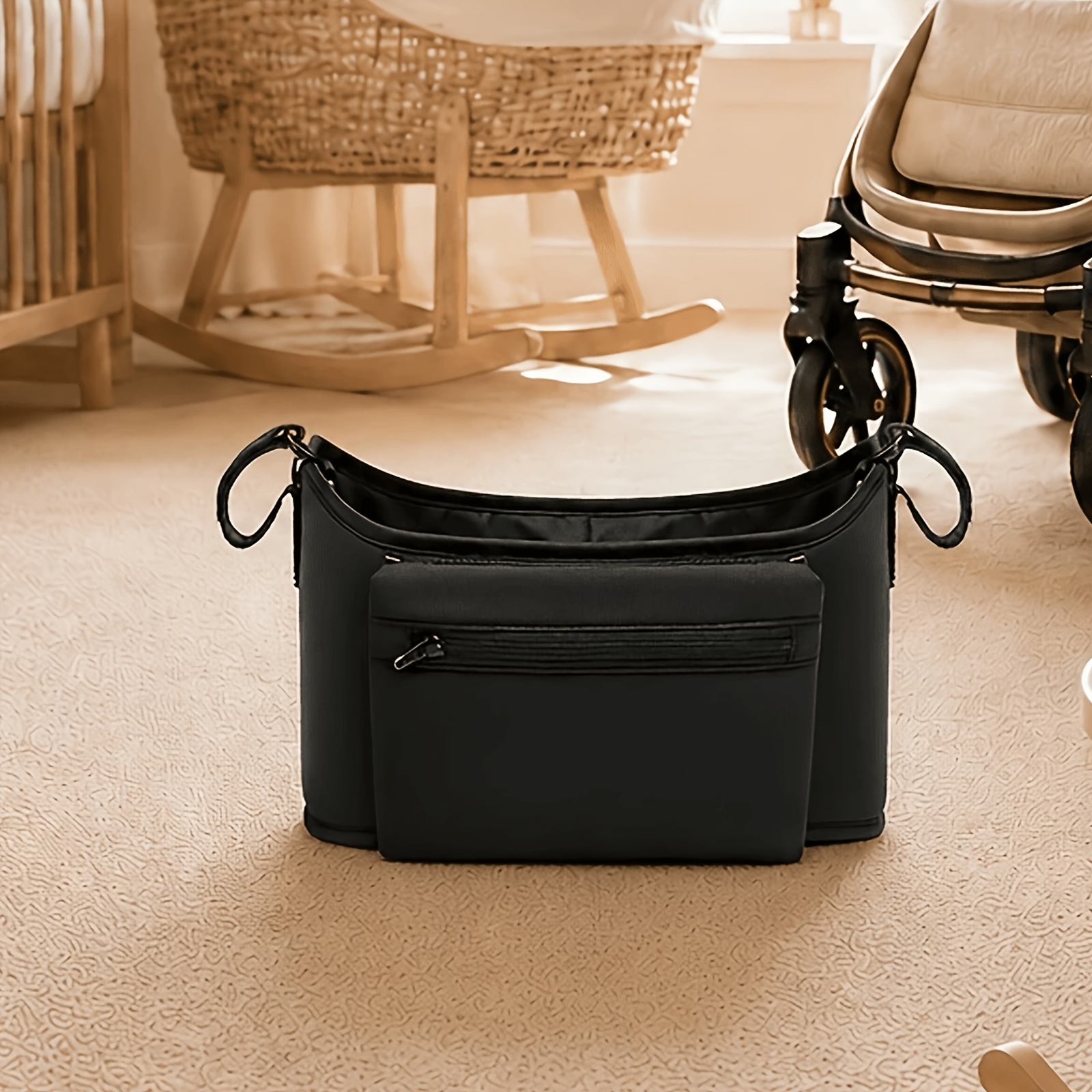 TEMU Black Stroller Organizer Bag With Front Zipper Pocket, Large Capacity Hanging Pouch, Universal Multi-functional Storage Bag For Strollers,