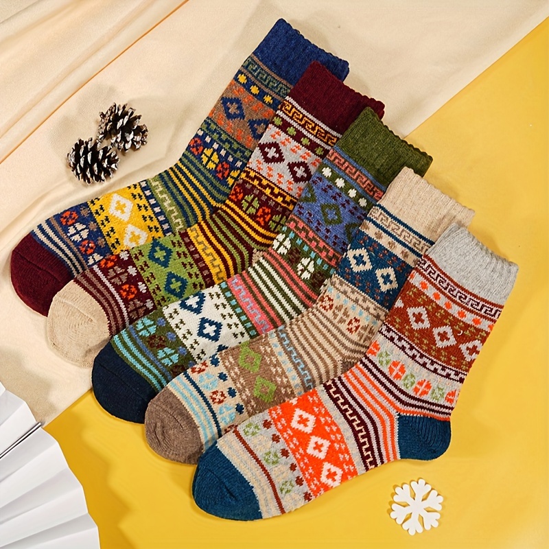 

5pcs Vintage Floral Crew Socks - , Warm & Moisture-wicking For Fall/winter, Long Socks