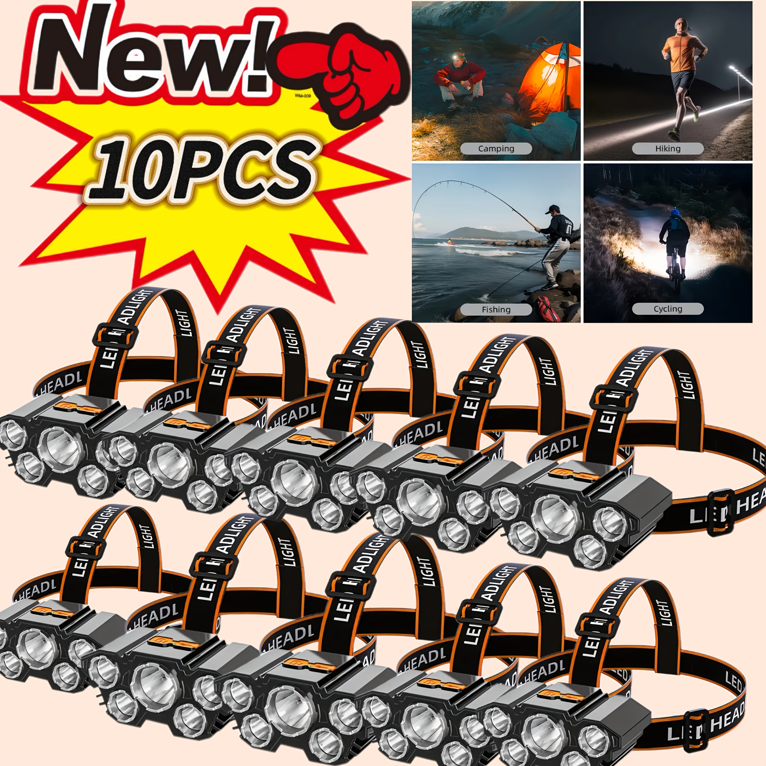TEMU 10pcs - Rechargeable Headlamp, , Portable Headlamp, Camping Headlamp, Mountaineering Headlamp, Running Headlamp, 5 Lighting , Suitable For