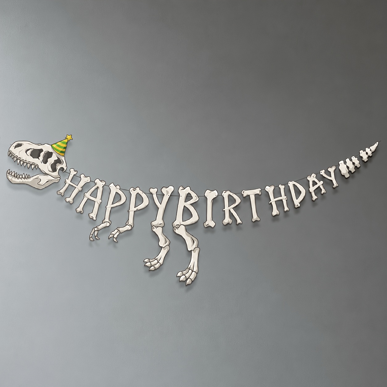 TEMU Dinosaur Birthday Party Banner, Dinosaur Skeleton Design With Happy Birthday Lettering And Party Hat Detail, Dinosaur Theme Birthdays, Dinosaur