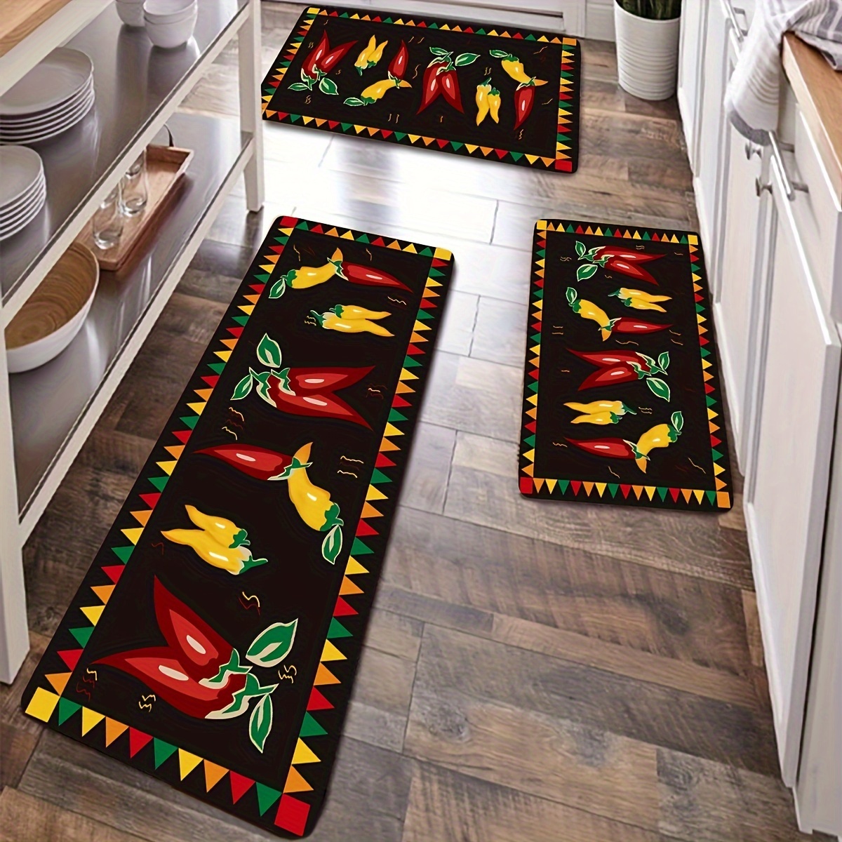 

3-piece Kitchen Rug Set, Chili Pepper Design, Non-slip, Water Absorbent, Machine Washable, Polyester Rectangle Mats - Includes Sizes 40x60cm, 50x80cm, 40x120cm