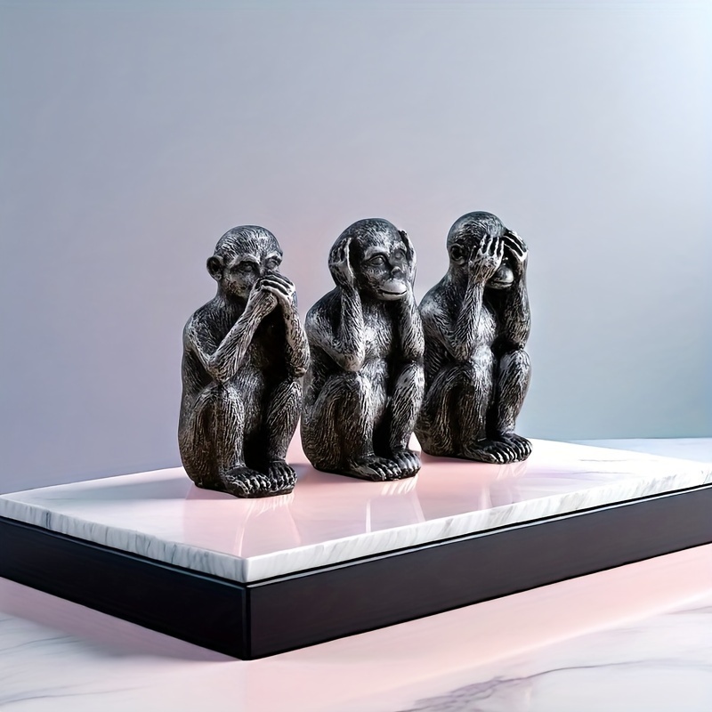 Image of 3pcs Handmade Monkey Statues - Design, In 2 Colors, Suitable For Indoor, Garden, Balcony Placement, And Is An Atmosphere Decoration For Holiday Parties Such As Halloween.