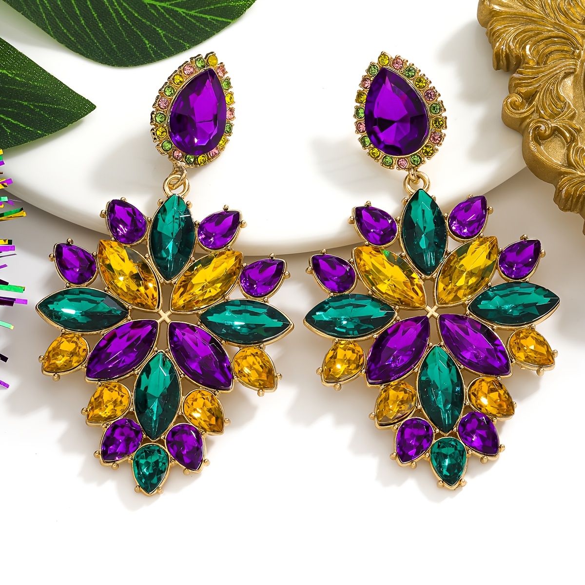 TEMU Elegant Mardi Gras Geometric Flower Dangle Earrings - Luxurious Alloy With Stainless Steel Posts, Perfect For Festivals &