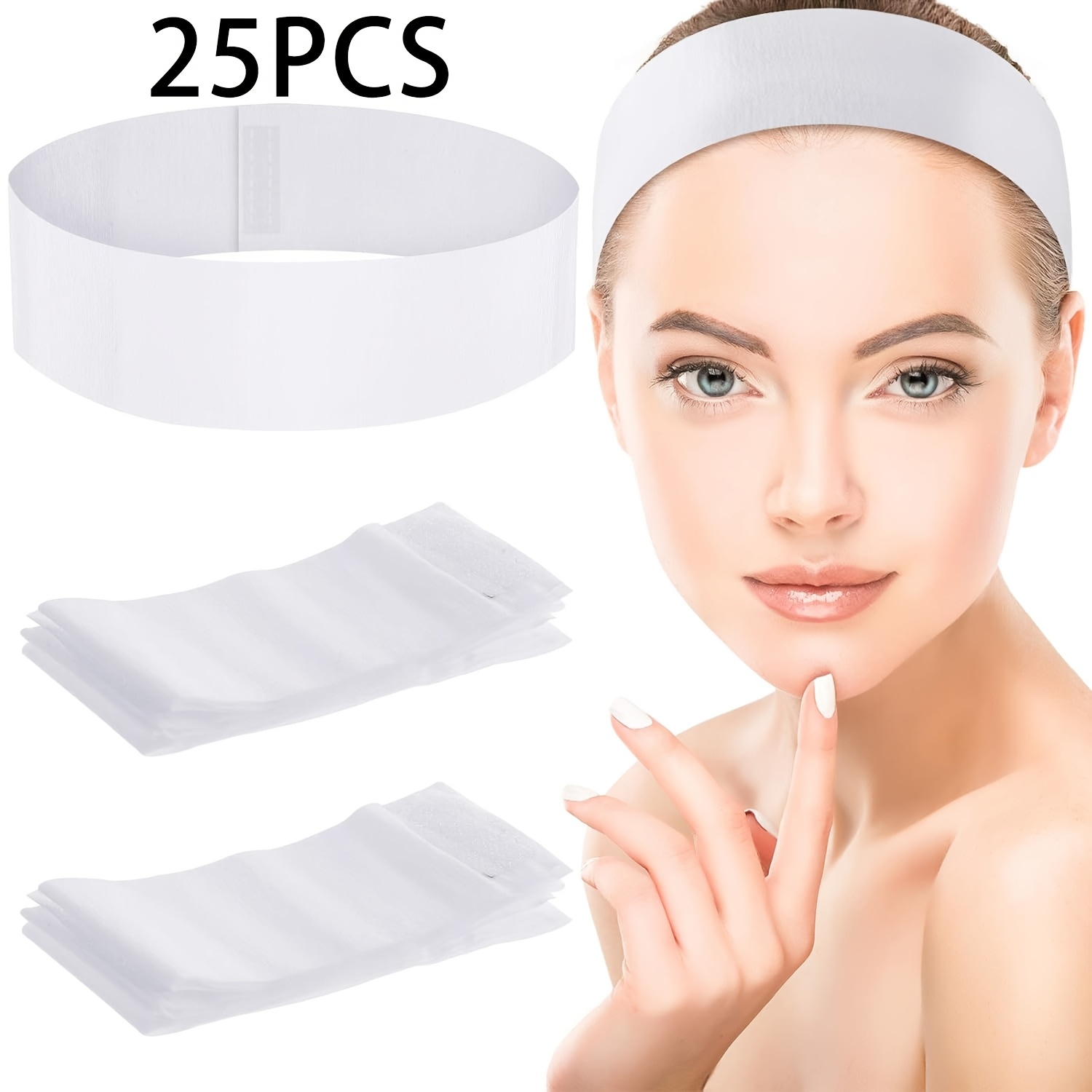 TEMU 25 piezas de diademas faciales desechables para spa, diademas elásticas no faciales para el cuidado de la piel, cinta para el cabello con cierre